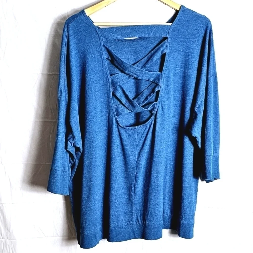 Sleep By Cacique Plus Blue 3/4 Sleeves Ribbed Strappy Back Women's Blouse